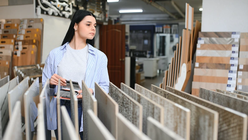 female interior designer choosing flooring tile color texture samples at store shop.