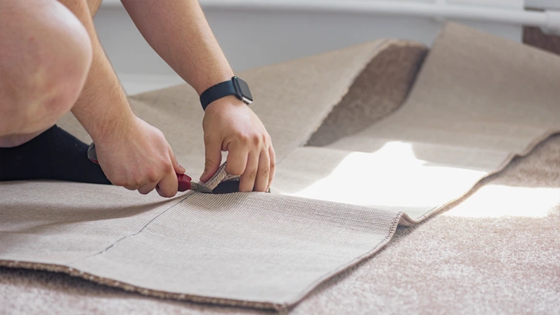 Male hands cutting carpet with blade during apartment renovation. Man in action during apartment repair, focused on cutting and fitting carpet professionally05623