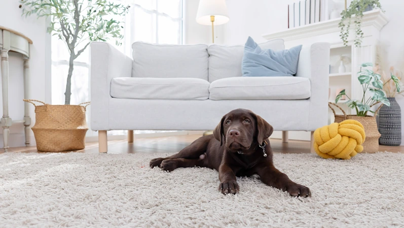 Happy brown labrador dog relaxes on a soft carpet alone in a bright living room