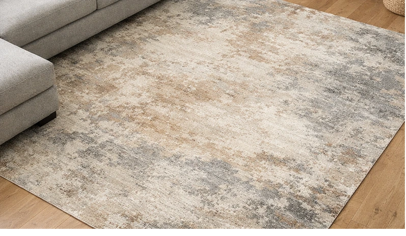 generate exact mock up for area rug without fringes, without edge binding beside sofa.
